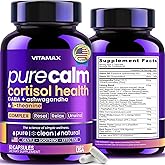 Vitamax Pure Calm Cortisol Supplements for Women - L Theanine, Ashwagandha, GABA for Relaxation, Mood & Stress Support with Ginkgo Biloba, Bacopa Monnieri, 5-HTP – Non-GMO, Made in USA – 60ct
