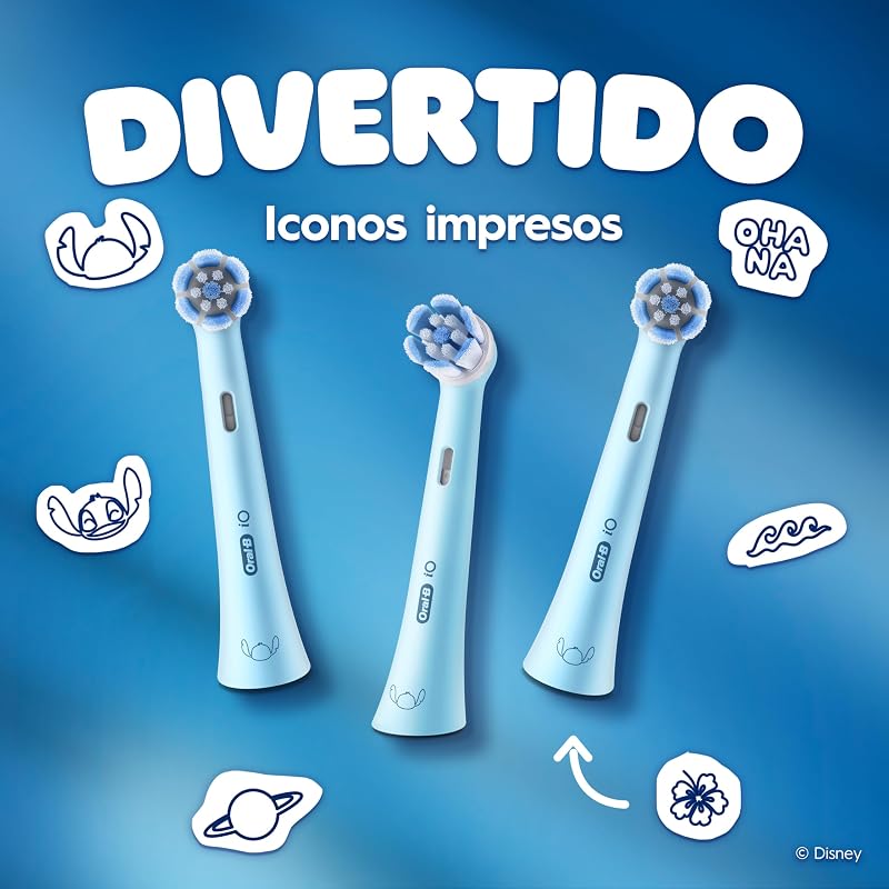 Cabeças de substituição iO Kids Disney Stitch para crianças +6 anos, Pack de 8 - Recargas Originais para Oral-B Escovas de Dentes Elétricas iO Kids, suaves com dentes e gengivas instáveis