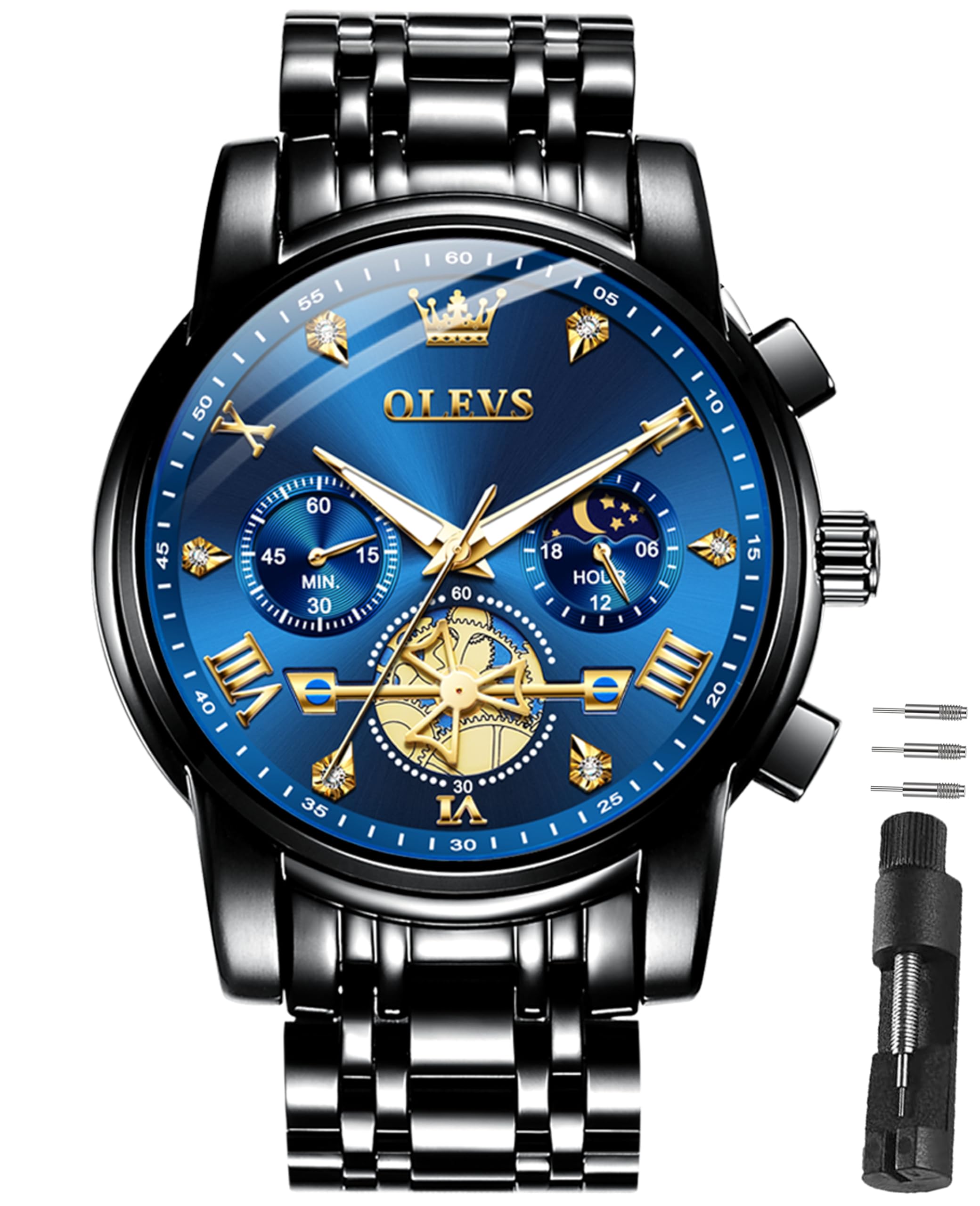 OLEVS Watches for Men Dress Watch Chronograph Luxury Stainless Steel Big Face Men Watches Multi-Function Easy to Read Diamond Roman Numerals Business Wristwatch Reloj para Hombre