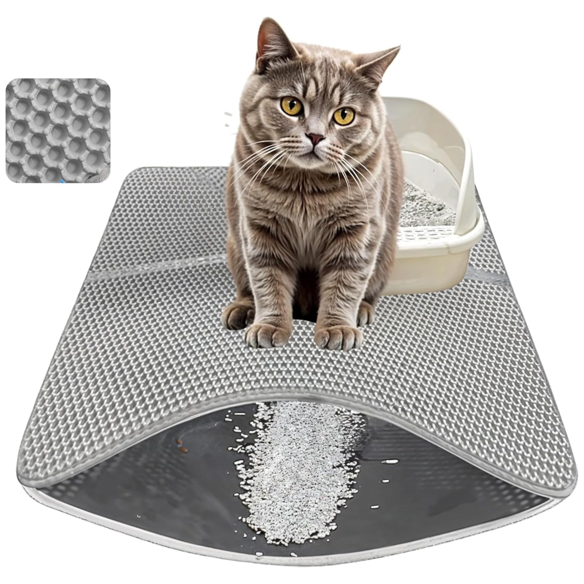Trunxmon Large Cat Litter Mat 75 x 55 cm, Foldable Honeycomb Design, Nonslip Waterproof EVA Material, Easy-Clean Urine Proof & Odourless, Soft on Paws- Grey