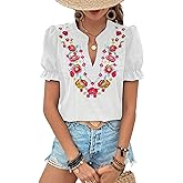 ZILIN Women's Casual Floral Embroidered V Neck Boho Short Puff Sleeve Shirts Loose Summer Blouses Tops Fashion Clothes 2026