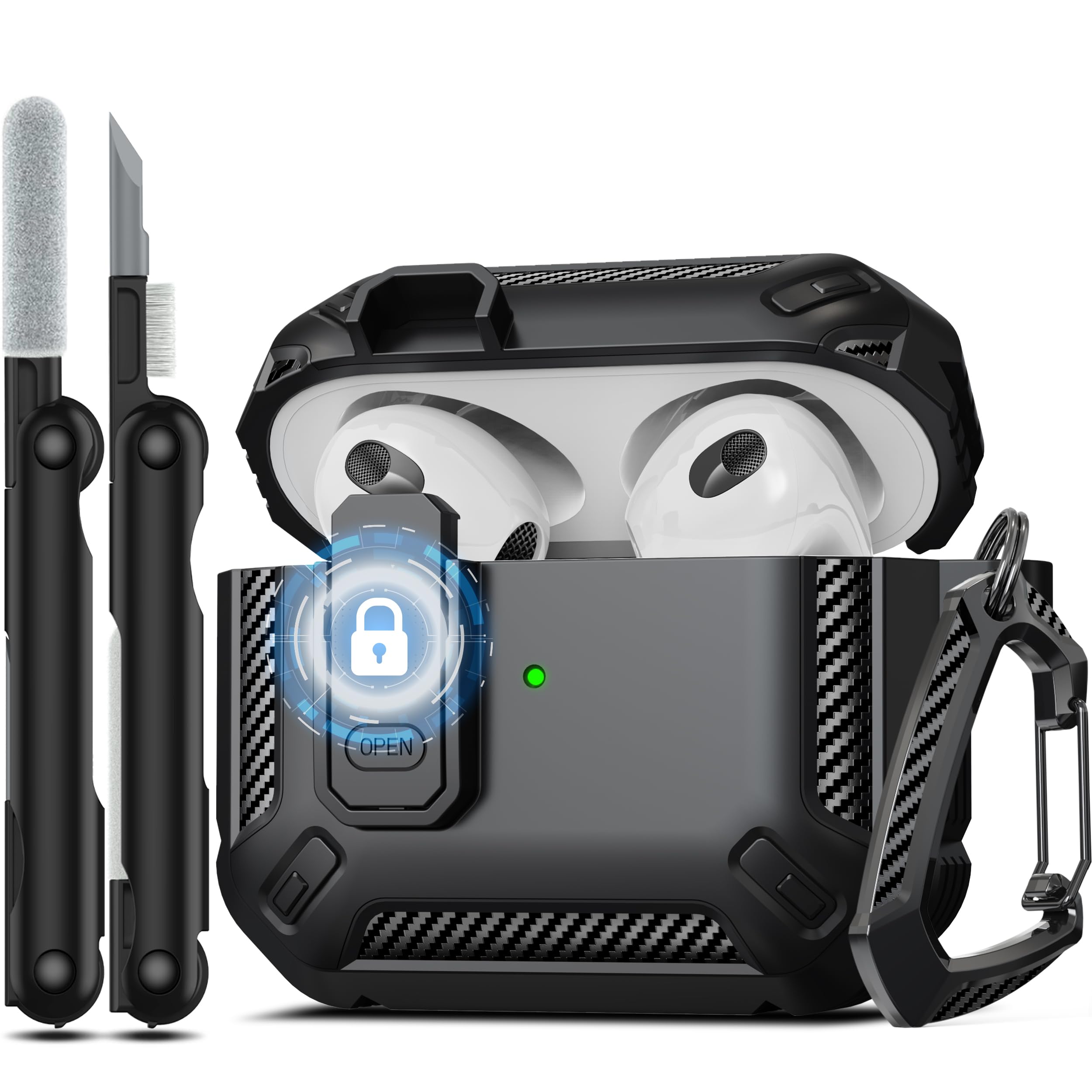 Photo 1 of RFUNGUANGO for AirPods 3rd Generation Case Cover with Cleaner Kit, Military Hard Shell Protective Armor with Lock for AirPod Gen 3 Charging Case 2021,Front LED Visible,Black