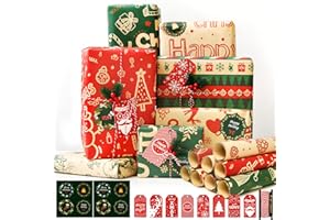 Christmas Wrapping Paper Set - 8 Sheets Thick Kraft Paper in Red, Green, Brown - With Stickers and Tags for Xmas, New Year Ho