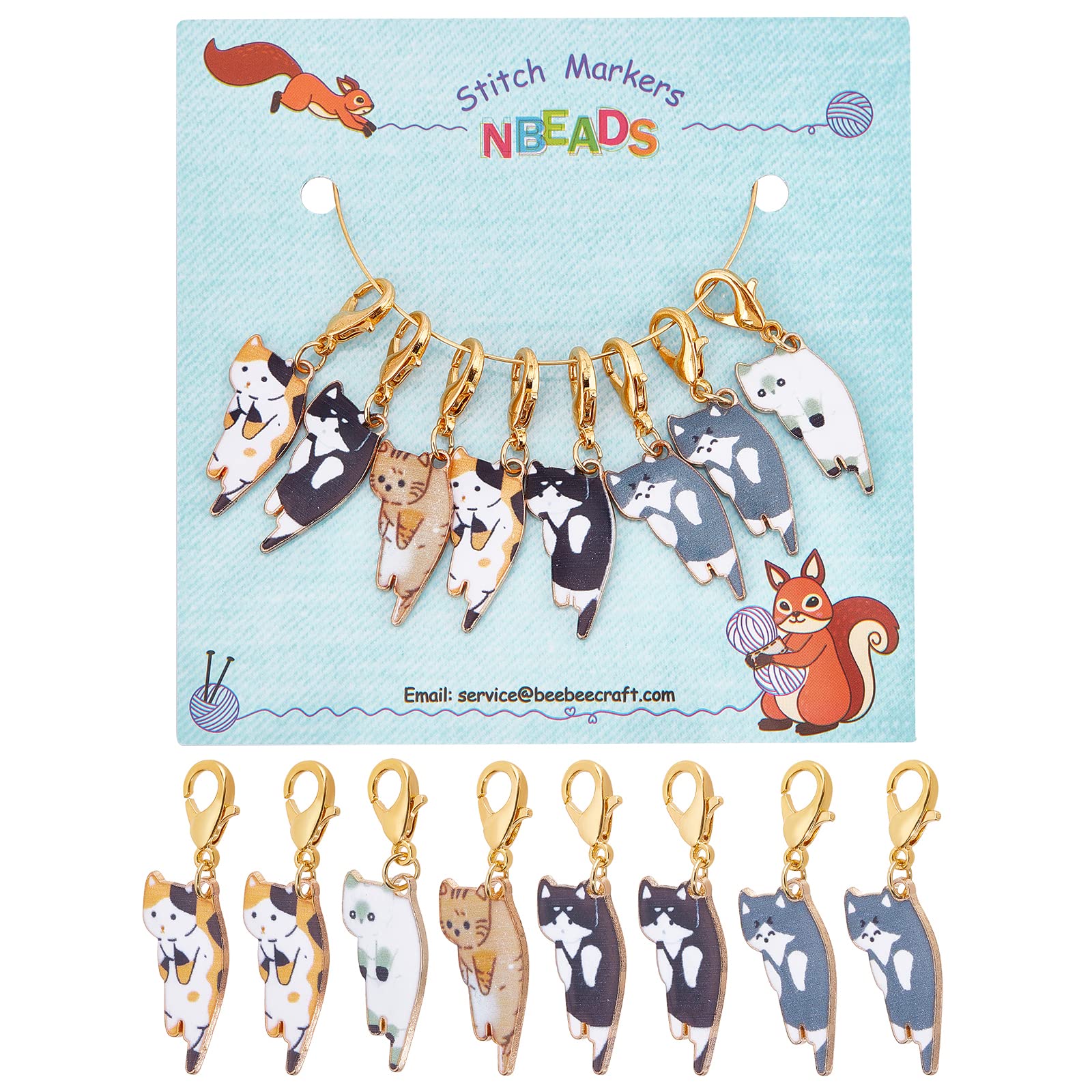 NBEADS 8 Pcs Cat Stitch Markers, Alloy Enamel Crochet Stitch Marker Charms Locking Stitch Marker with Lobster Claw Clasps for Knitting Weaving Sewing Accessories Quilting Jewelry Making — image 1