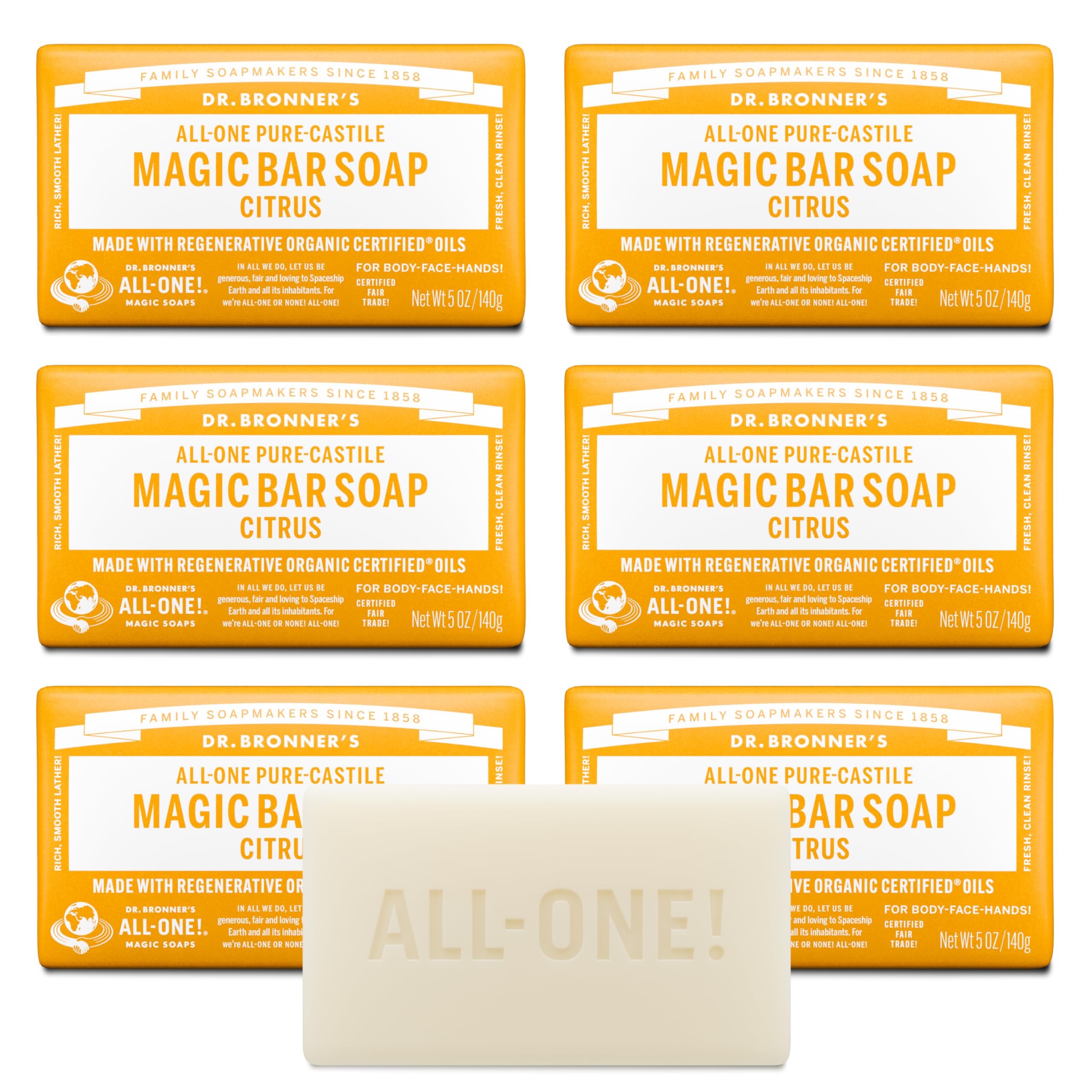 Dr. Bronner’s Pure-Castile Bar Soap – Citrus, 5 oz, 6 Pack