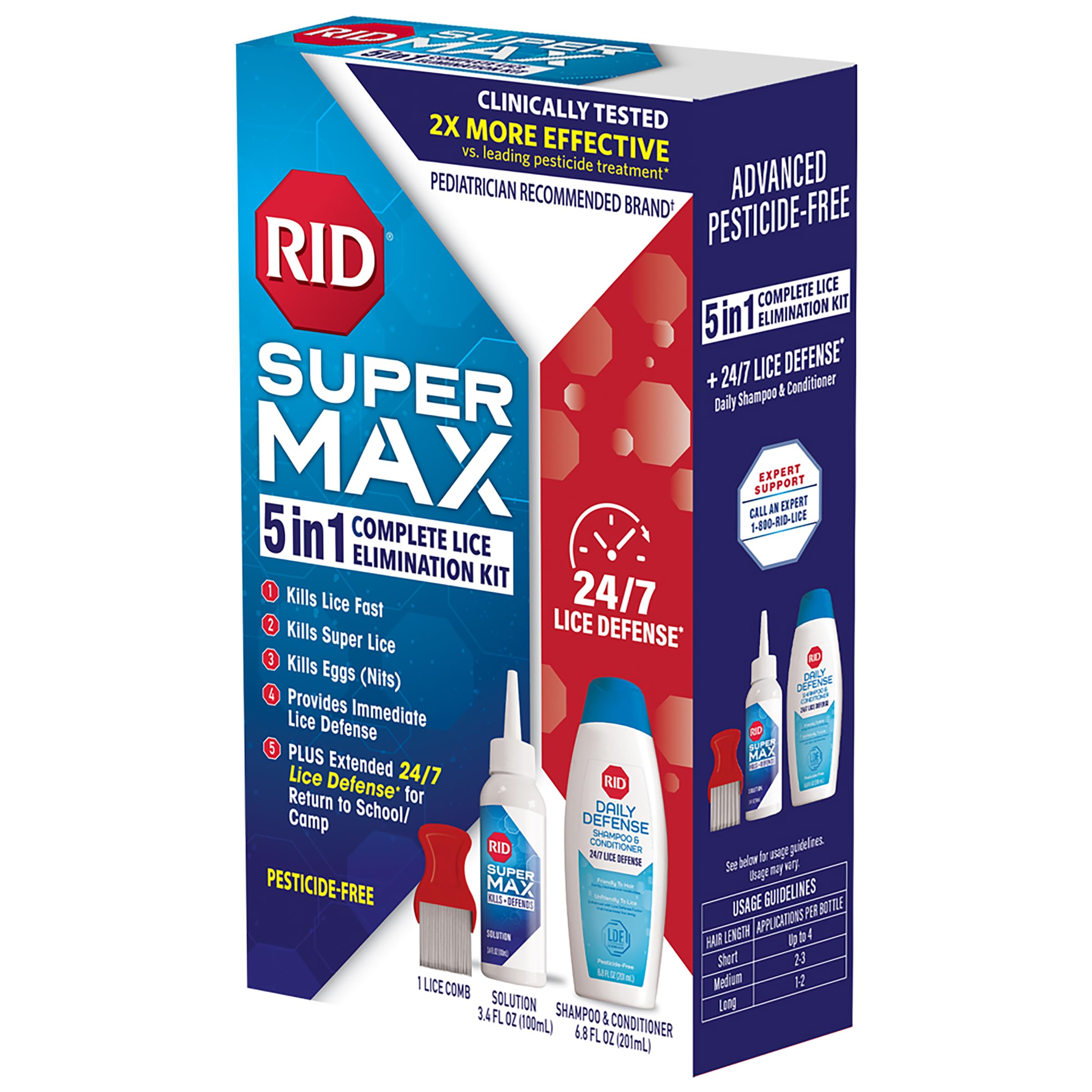 RID Super Max Lice Treatment Kit, Kills Lice & Super Lice & Eggs + 24/7 Lice Defense, Pesticide Free, 3.4 FL OZ Solution + 6.8 FL OZ Daily Defense Shampoo & Conditioner + Nit Removal Comb