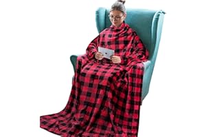 Tirrinia Plaid Red Wearable Fleece Blanket with Sleeves for Adult Women Men, Super Soft Comfy Plush TV Blanket Throw Cuddly Wrap Cover for Bed Sofa and Couch 73" x 51''