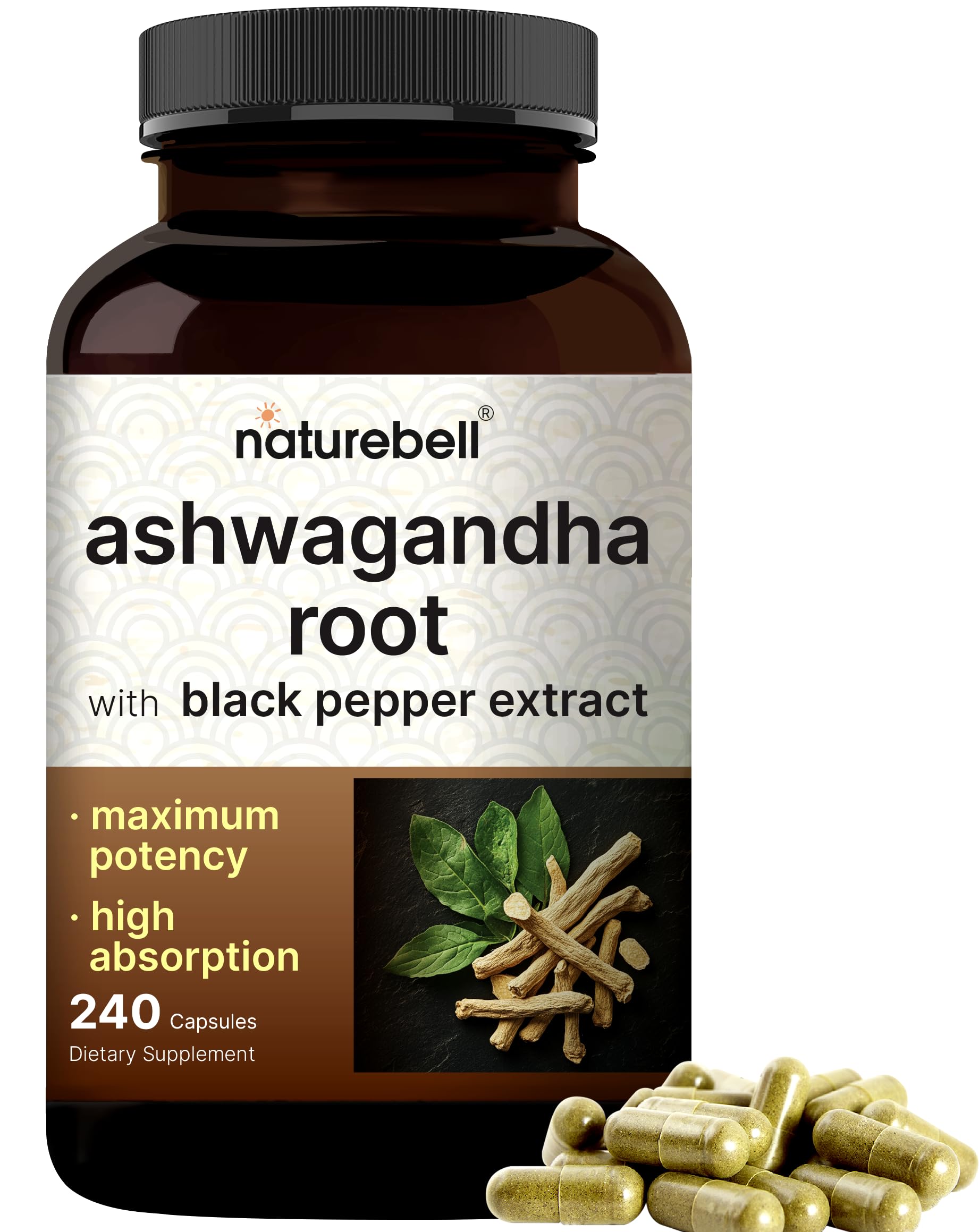 NatureBell Ashwagandha 12,500 mg Equivalent with Black Pepper, 240 Capsules | High Absorption Complex – Extra Strength 25:1 Root Extract – Adaptogens Supplements for Relaxation – Non-GMO