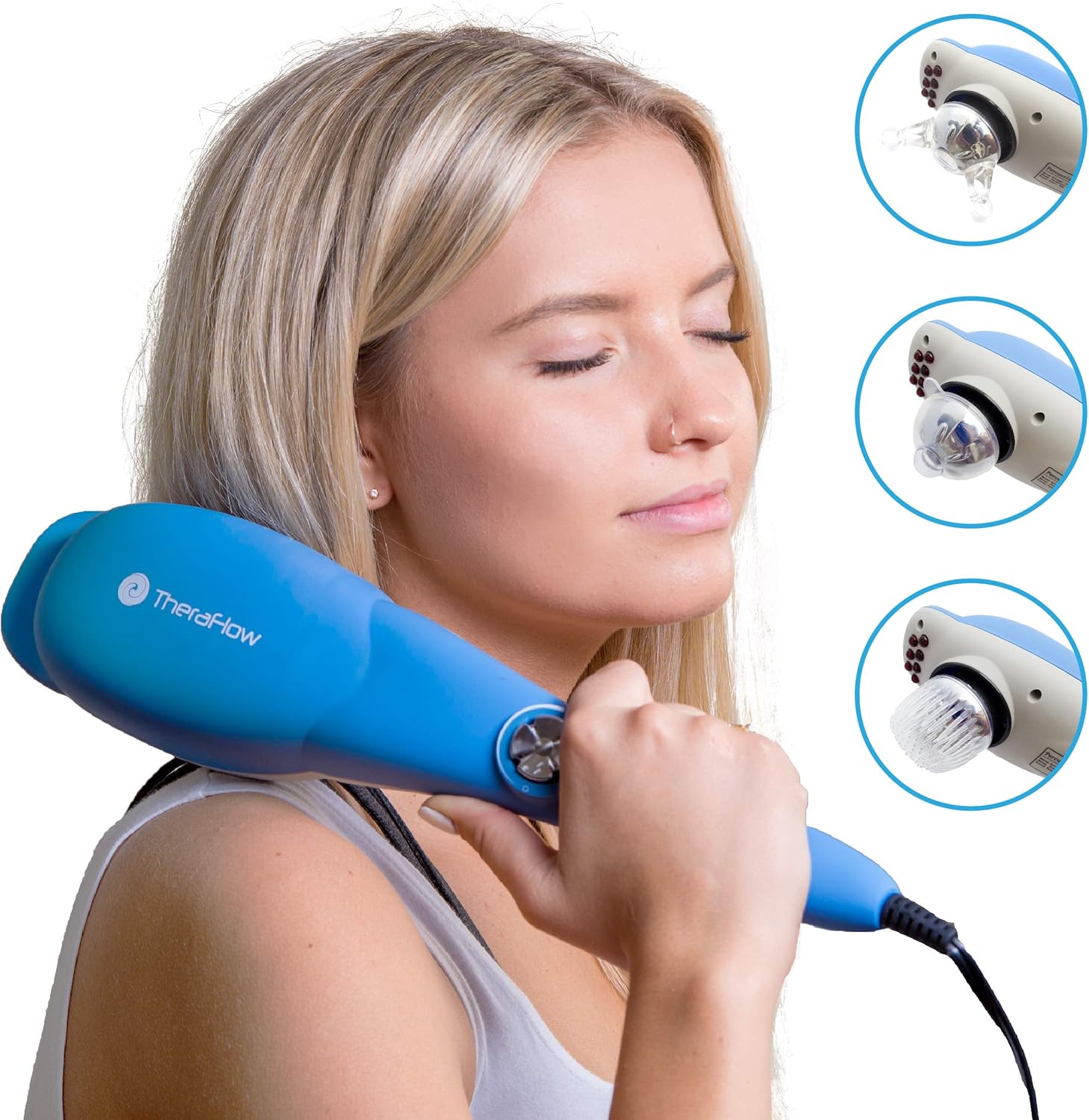 TheraFlow Handheld Deep Tissue Percussion Massager. Muscles, Back, Body, Neck, Foot, Shoulder, Scalp, Head. Trigger Point Pain Relief, Relaxation. Attachments for Acupoint, Shiatsu, Kneading. Gift: Health & Personal Care
