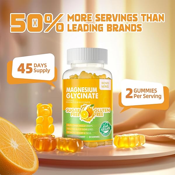 NOVOMINS 180 CT MAGNESIUM GLYCINATE GUMMIES 1000MG – SUGAR FREE MAGNESIUM POTASSIUM SUPPLEMENT WITH VITAMIN D, B6, COQ10 FOR CALM MOOD & SLEEP SUPPORT – 180 ORANGE GUMMIES