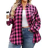 Womens Plus Size Flannel Shirts Long Sleeve Button Down Plaid Shirt Roll Up Oversize Checkered Blouse Top Fall