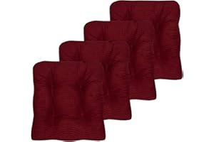 Sweet Home Collection Chair Cushion Crushed Memory Foam Pads Premium Slip Non Skid Microdot Rubber Back Tufted 16" x 16" x 3.25" Thick Seat Cover, 4 Count (Pack of 1), Burgundy Red