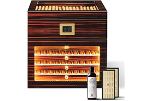 Woodronic Cigar Humidor with LED Light Display for 50-100 Cigars, Desktop Cigar Box with Spanish Cedar Wood, Trays with Divider, Accessory Storage Drawer, Digital Hygrometer, Humidifier, Gift for Men