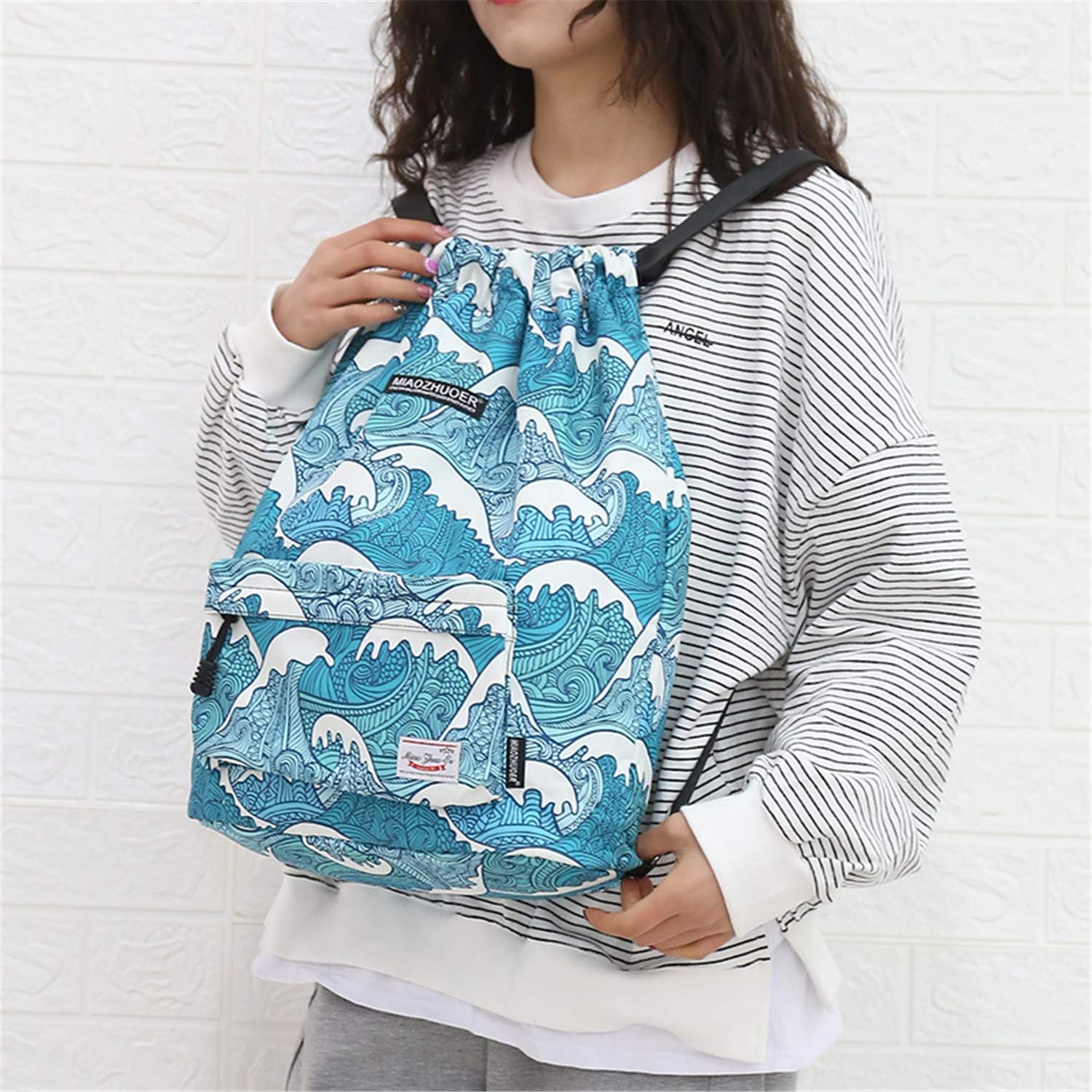 Waterproof Drawstring Bag, Gym Bag Sackpack Sports Backpack for Men Women Girls (50-wave): Clothing