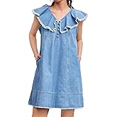 Kedera Denim Summer Dresses for Women Ruffle Short Sleeve V Neck Mini Jean Dress Romper Babydoll Jean Sundress