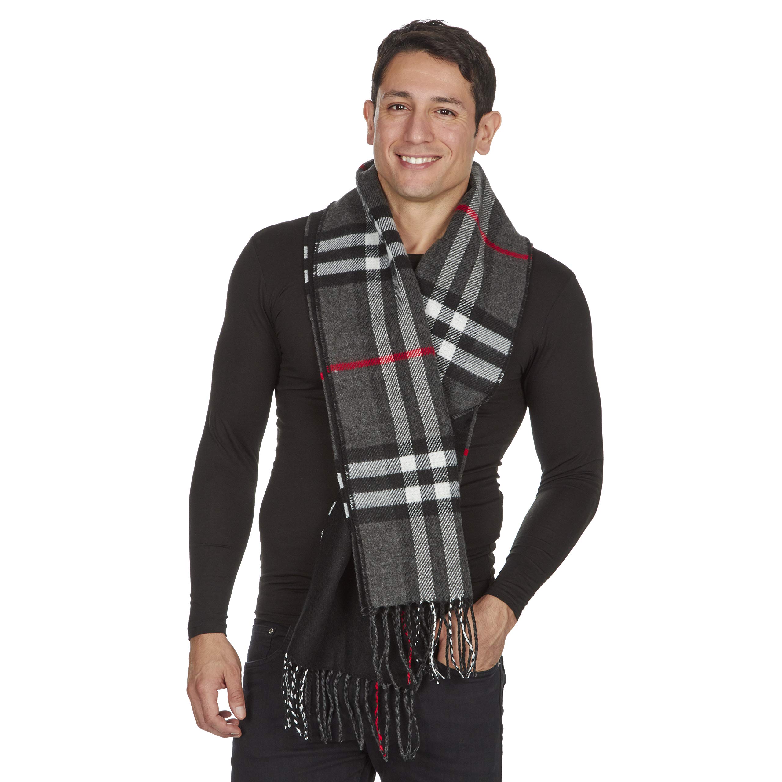 Atano Mens Reversible Checked Scarf with Tassels Black