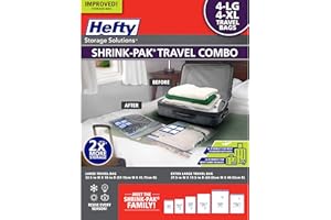 Hefty Shrink-Pak Travel Storage Bags – For Clothes, Pillows, Towels, Blankets & More – Space Saver Suction Sealer Bags for Luggage or Moving – 4 Large, 22.5x18 Inches, 4 XL, 27.5x 19.5 Inches