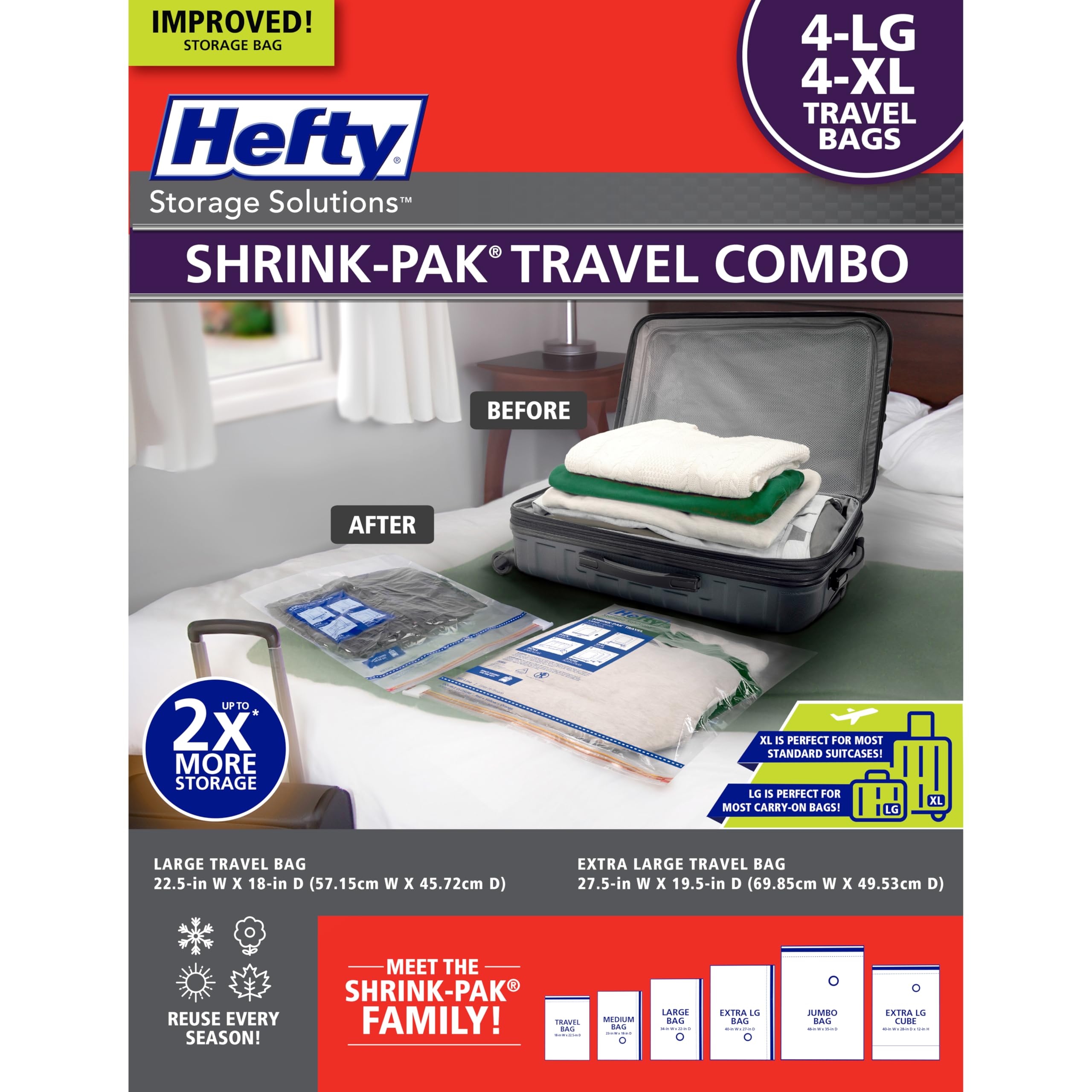 Photo 1 of Hefty Shrink-Pak Travel Storage Bags – For Clothes, Pillows, Towels, Blankets & More – Space Saver Suction Sealer Bags for Luggage or Moving – 4 Large, 22.5x18 Inches, 4 XL, 27.5x 19.5 Inches