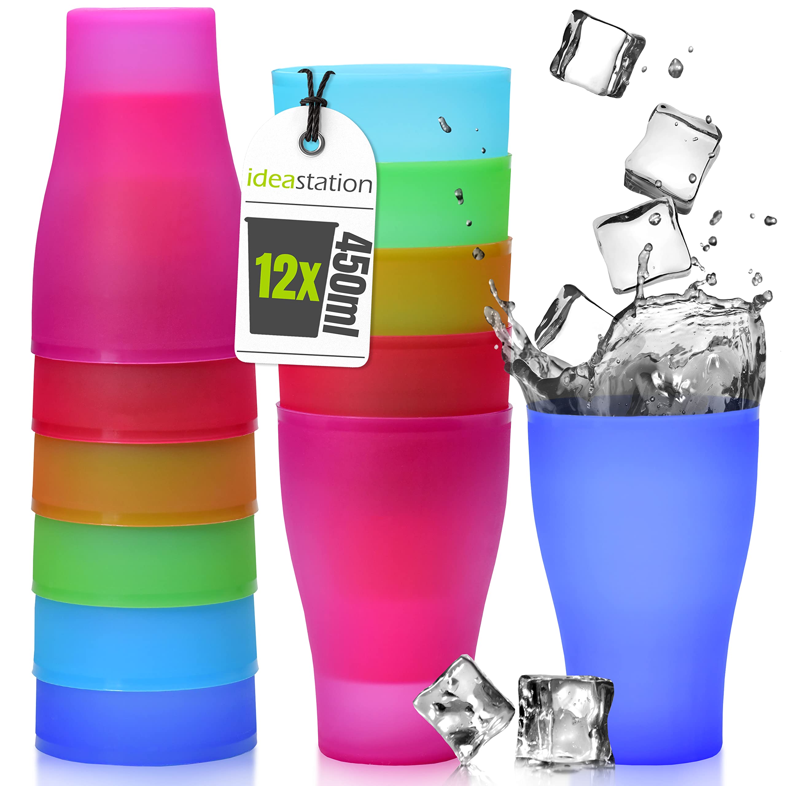 idea-station NEO Plastic Cups 12 x 450 ml - Colourful - Plastic Cocktail Glasses - Reusable Party Cups for Hot and Cold Drinks - Perfect for Birthday Parties, Outdoor and Camping Kitchen