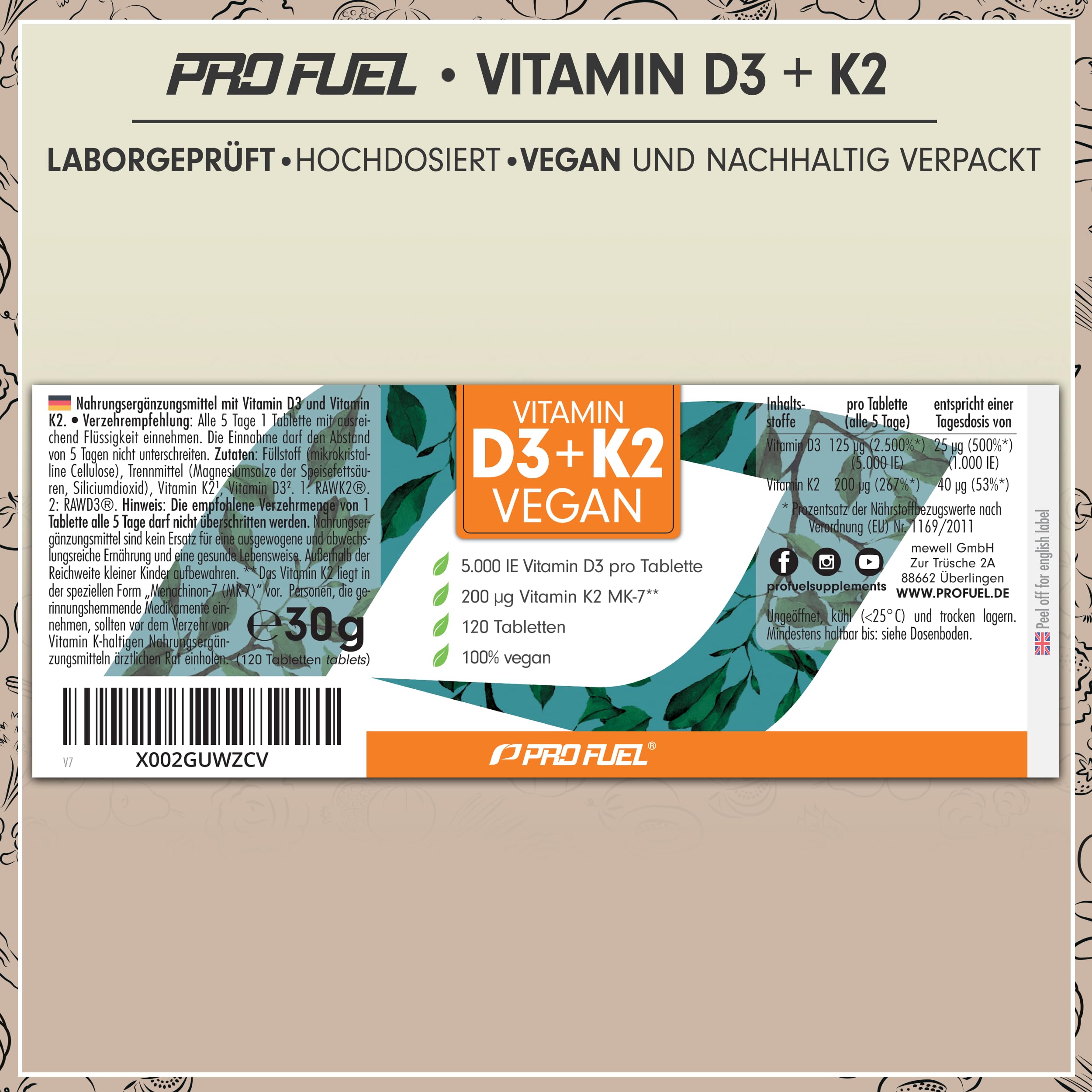 Vitamin D3 K2 VEGAN - 120 Tabletten mit 5000 IE D3 + 200 mcg K2 (MK7) - Vitamin D3 optimal hochdosiert und vegan - reicht für 19 Monate - laborgeprüft mit Zertifikat 6