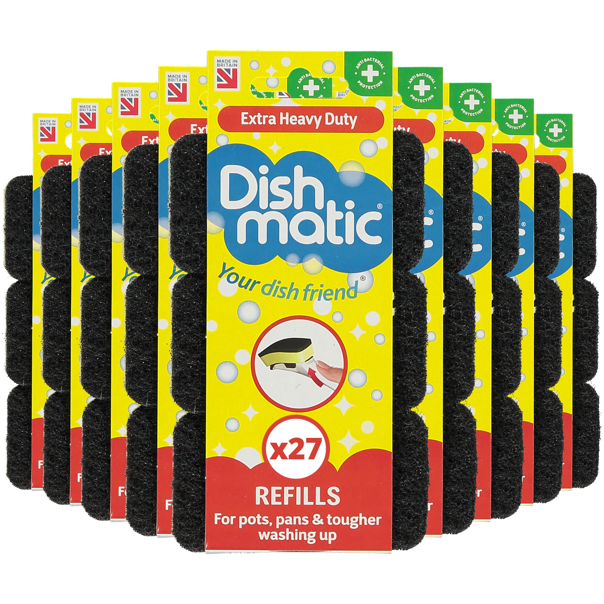 Dishmatic Black Extra Heavy-Duty Washing-Up Sponge Refill Heads with Antibacterial Abrasive - Kitchen Washing-Up Handle Refills - 3pk x 9