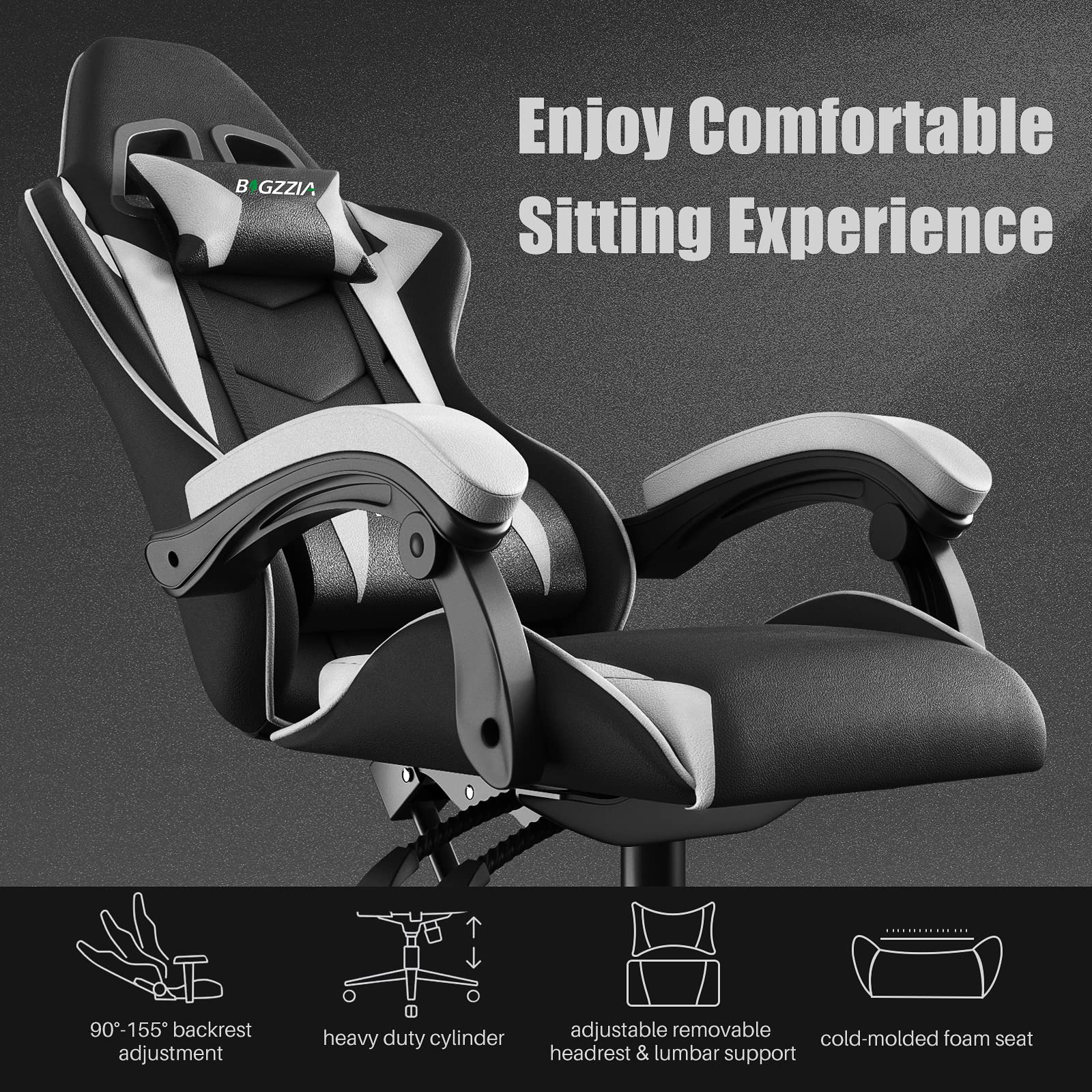 bigzzia Gaming Stuhl Ergonomisch Gaming Chair mit Lendenkissen und Kopfstütze, Gamer Stuhl Höhenverstellbar, Pc Stuhl für Erwachsene Mädchen Junge, Schwarz-weiß 3