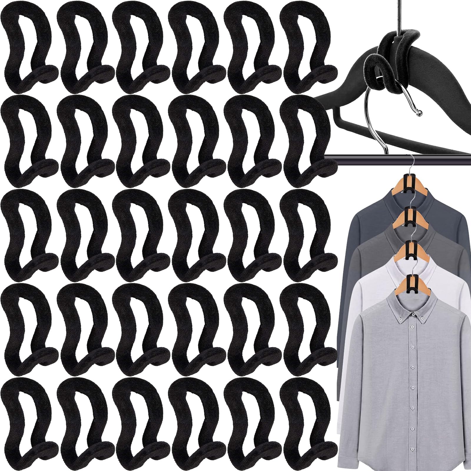 PhoenixDN 30 Pieces Space Saving Non-Slip Velvet Clothes Hanger Connectors, Black, Plastic, Round & Triangular, One Size, 2 kg Max