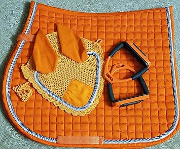 Amazon Co Jp オレンジhorse英語サドルパッドwith Matching柔軟な安全stirrups Bendy Iron Fly Bonnetベール耳net Double Pipingフル Horseサイズコットンhand Madeタックequestrian馬shows スポーツ アウトドア