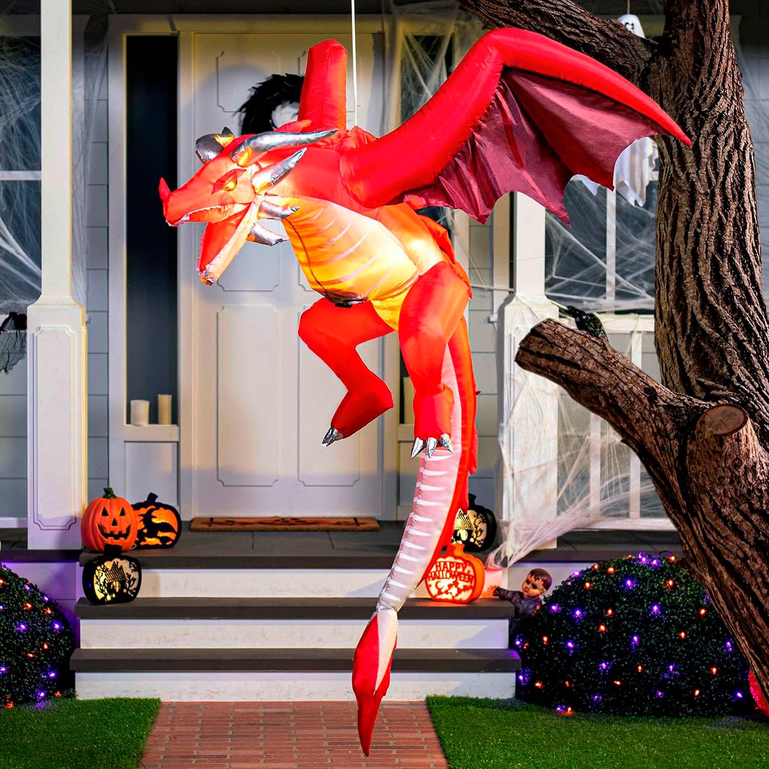 Joiedomi 5 FT Tall Halloween Inflatable Hanging Flying Dragon Inflatable Yard Decoration with Build-in LEDs Blow Up Inflatables for Halloween Party Indoor, Outdoor, Yard, Garden, Lawn Decorations