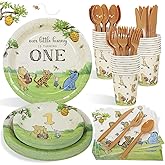 Winnie First Birthday Decorations Plates Set, 175pcs 1st Birthday Plates Napkins Cups Cutlery for Boys and Girls, 25 Guests