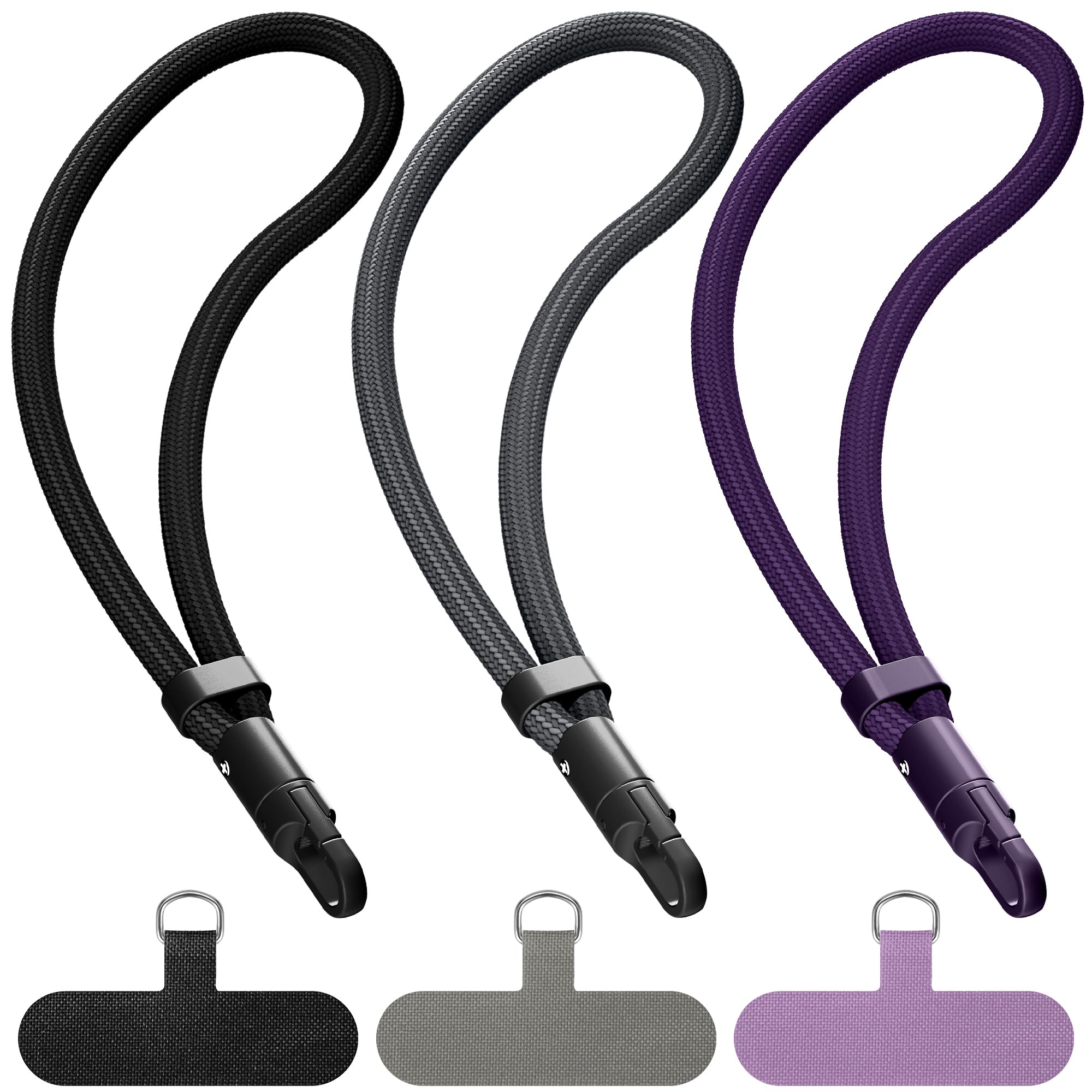 SHANSHUI Hand Wrist Strap Lanyard, 3 Pack Adjustable Cell Phone Lanyard Strap, Hand Wrist Strap Lanyard with 3x Tether Tabs for Smartphones-Black Gray Purple