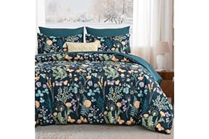 Yiran 7 Piece Peacock Blue Floral Comforter Set Queen Size, Botanical Flowers Comforter Bedding Set, Bed in a Bag Queen, Soft