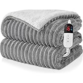 Easthome Electric Heated Blanket Queen Size Dual Control - 84"x90" Fast Heating Bed Blankets with 6 Heating Levels & 10 Hours Auto Off, Soft Ribbed Flannel, Over-Heat Protection ETL, Light Gray
