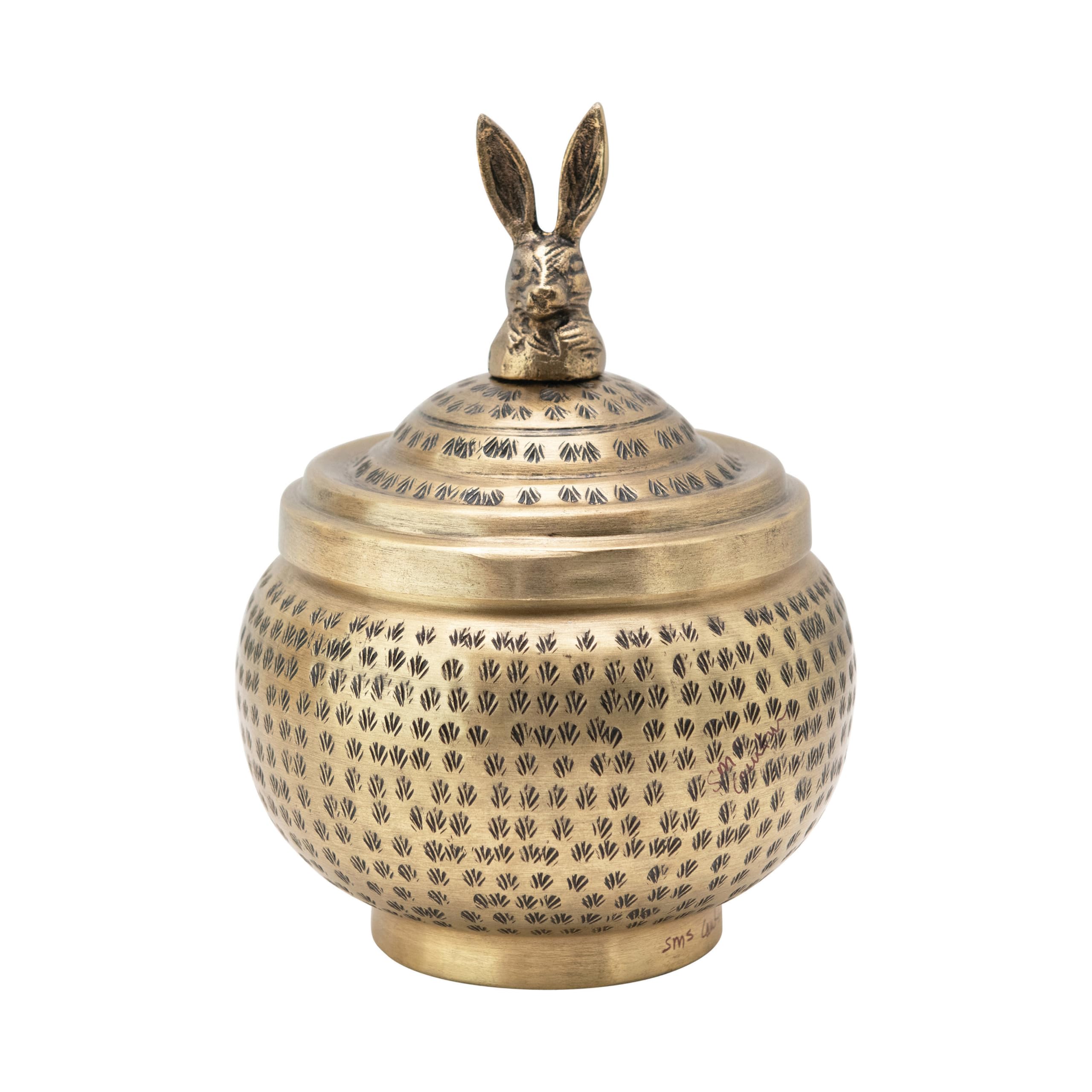 Photo 1 of **GOLD PAINT STARTING TO CHIP**Round Hammered Metal Container with Rabbit Finial, Brass Finish