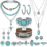 Inbagi 15 Pcs Bohemian Turquoise Jewelry Set for Women, Western Turquoise Necklace Bracelet Earrings Rings Gifts Set, Western Bohemian Jewelry for Women