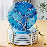 6Pcs/Set Marble Abstract Ceramic Coasters with Holder, Absorbent Drink Coasters, Coffee Cup Coaster,Round Ceramic Table Coasters Set Decorative