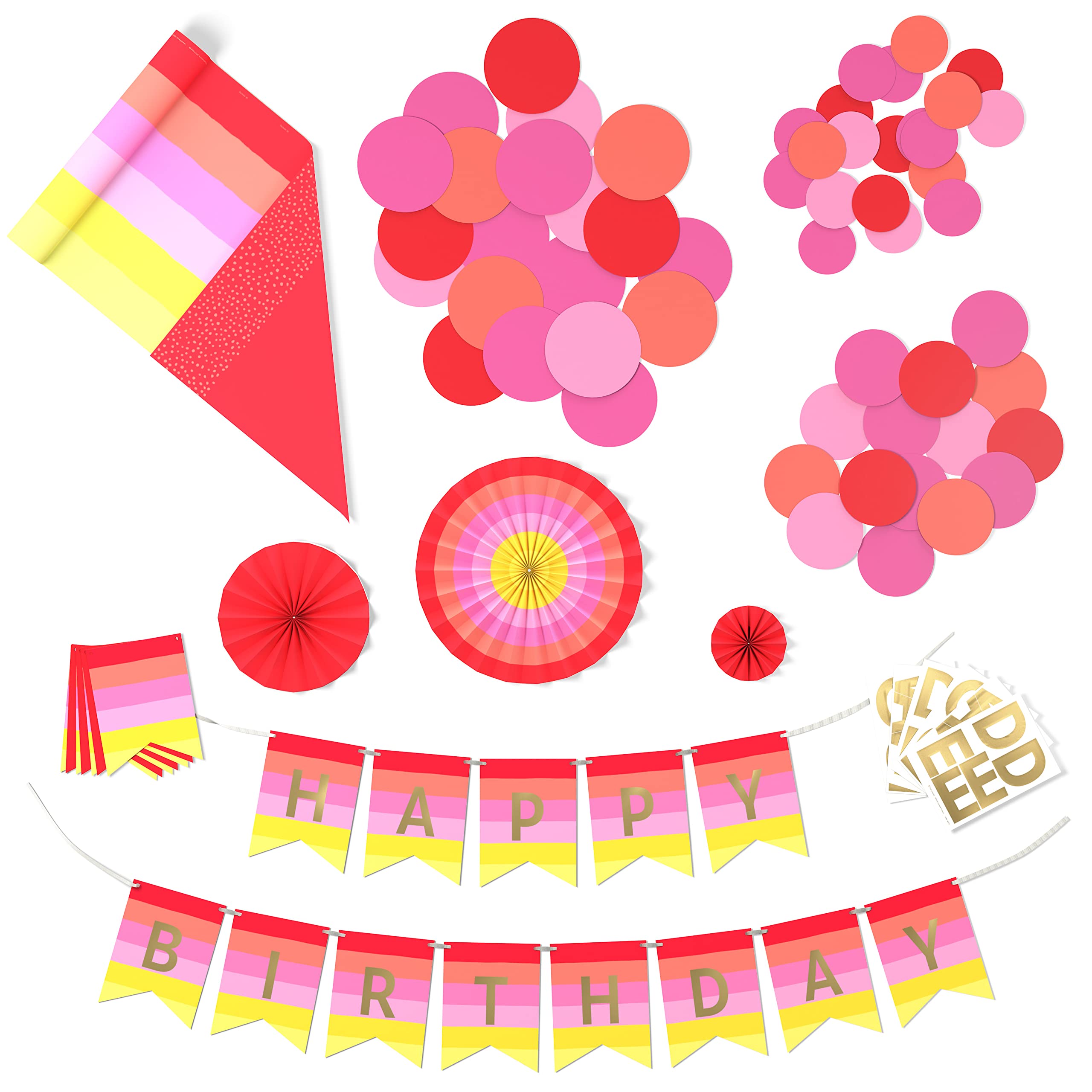 Photo 1 of   PACK OF 2Crayola Color Pop Party Decorations Set - Red, Orange, Pink, Yellow (Customizable Banner, Reversible Table Runner, Paper Fan Flowers, Paper Dots) for Birthdays, Holidays, Celebrations