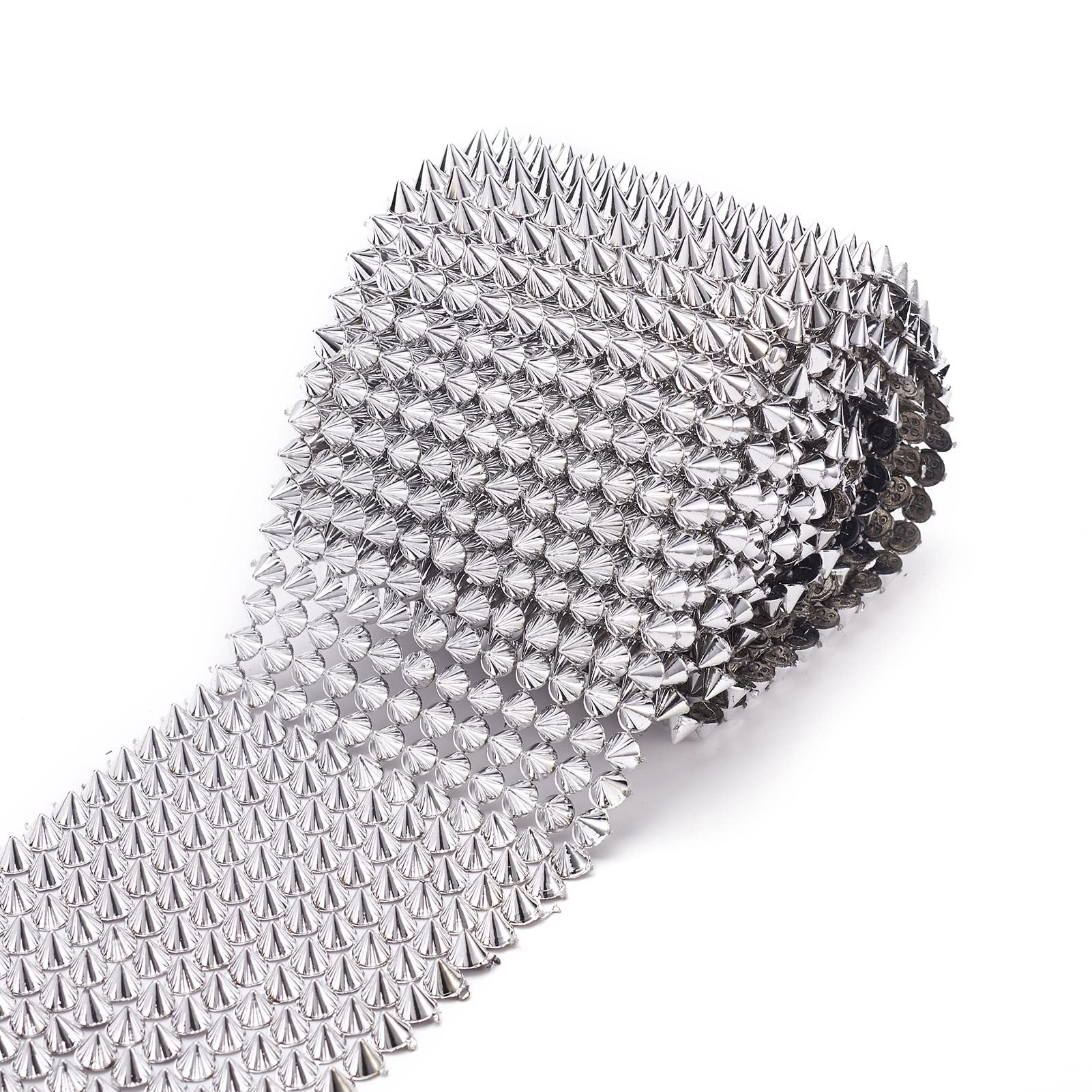 Pandahall 2 Yards Sew Stitch On Spike Silver Stud Cone Flatback Spike Studs Rivets Punk Rock Trim Ribbon Mesh Bead for Clothing Performance Arts and Crafts Decoration