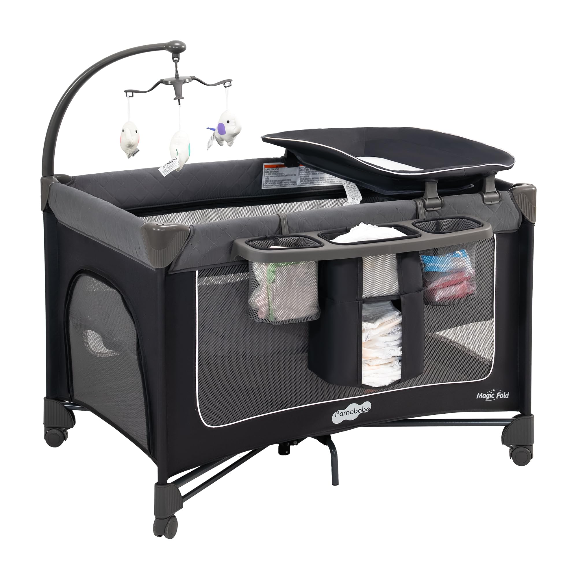 Pamo Babe Magic Fold Playard 1 Step Setup Pack and Play with Bassinet Baby Playard Portable Crib with Zip Door & Changing Table Image