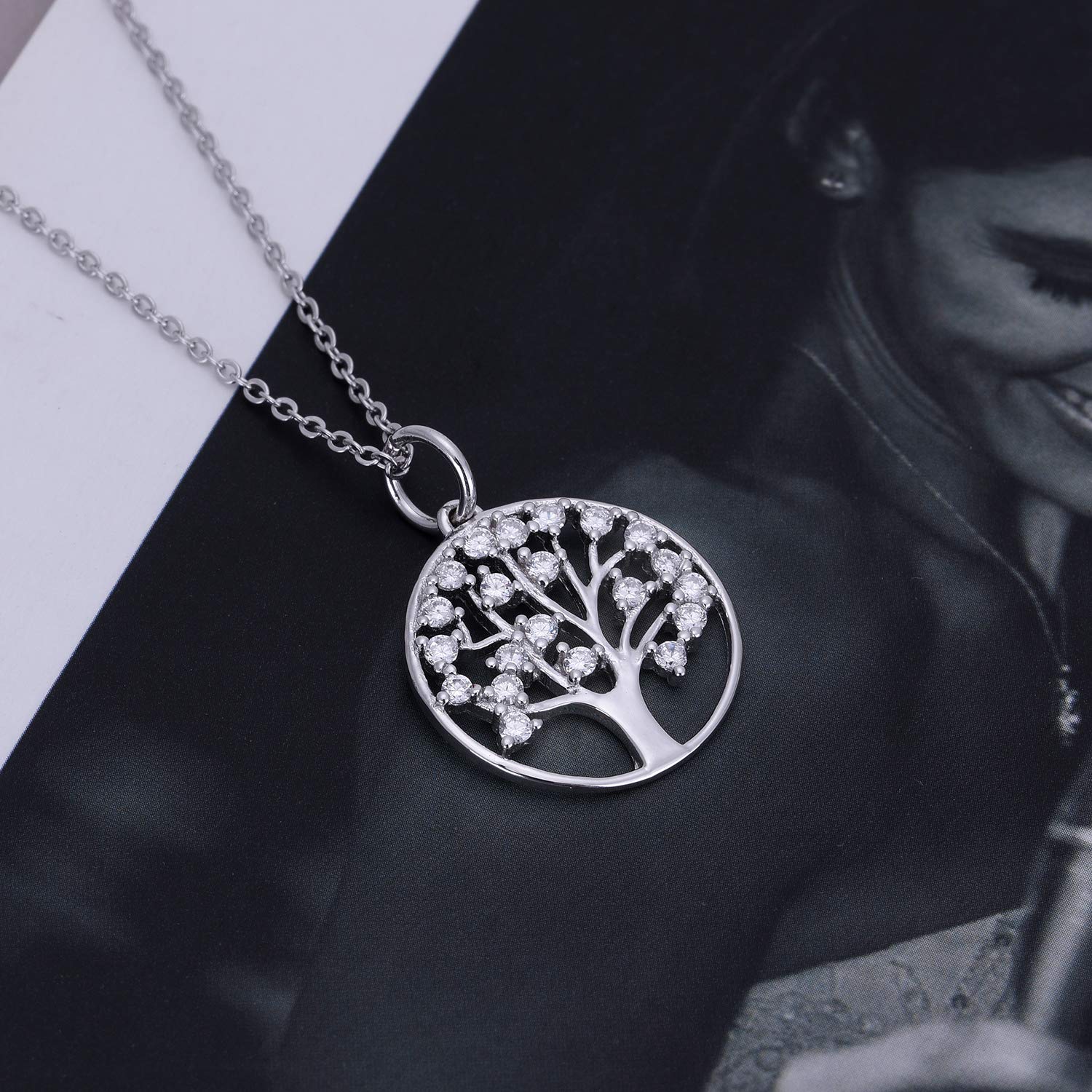 Collier et Pendentif Motif Arbre,en Argent 925 Femme Cable Chaine 45+5CM