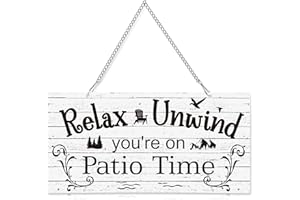 Hotop 10 x 5 Inch Patio Wall Decor Hanging Wall Art Metal Plaque Signs Vintage Balcony Decor Retro Patio Accessories Relax Unwind You're on Patio Time with Chain for Home Pub Porch Outdoor Living