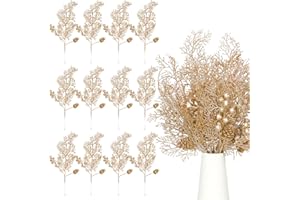 Tigeen 12 Pcs Christmas Tree Picks Bulk Christmas Tree Filler Glitter Branches Berries Stems Floral Decorations 15.75'' Xmas Twigs Berry Picks for Vase (Champagne)