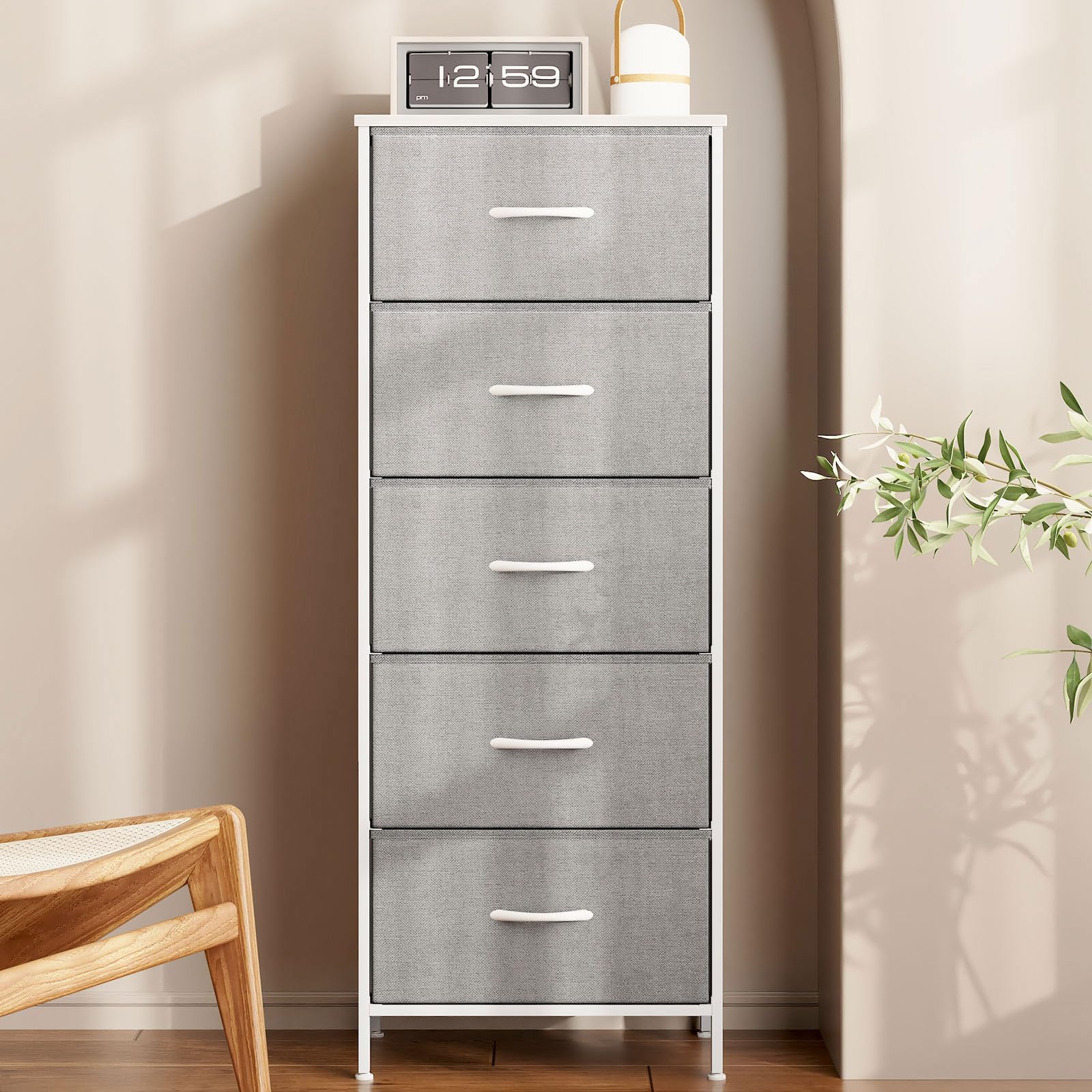 Photo 1 of AODK Dresser for Bedroom with 5 Storage Drawers, 48" Tall Chest of Drawers Fabric Dressers with Sturdy Steel Frame, Light Grey