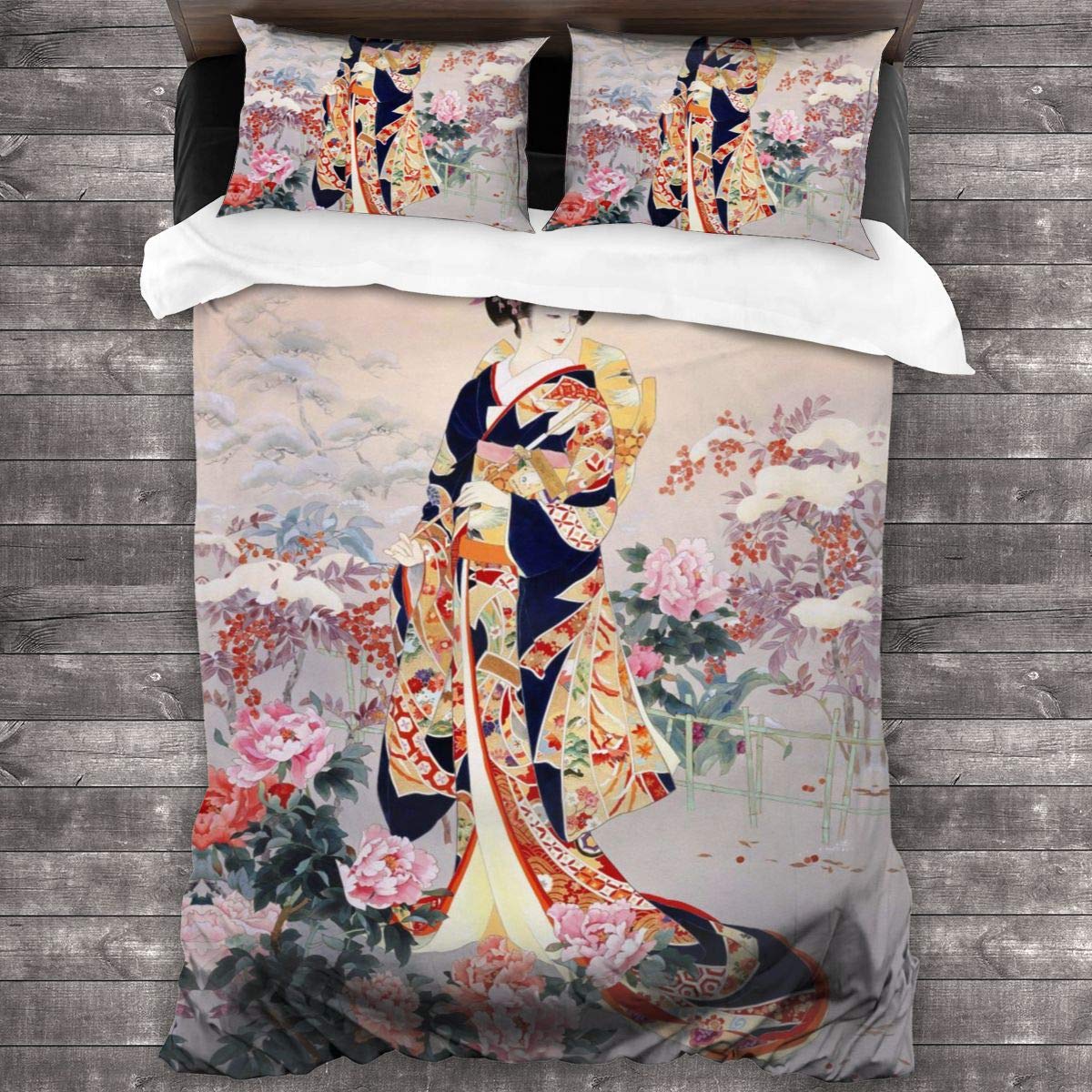 BLIOWL Full Queen Bedding Set - 3 Piece Japanese Geisha Comforter Contemporary Quilt Set with Two Standard Pillow Shams