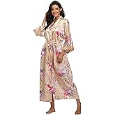 Mignon Cromwell Women's Long Satin Robe Floral Kimono Dressing Gown Lightweight Sleepwear Bridal Party Bridesmaids Robes