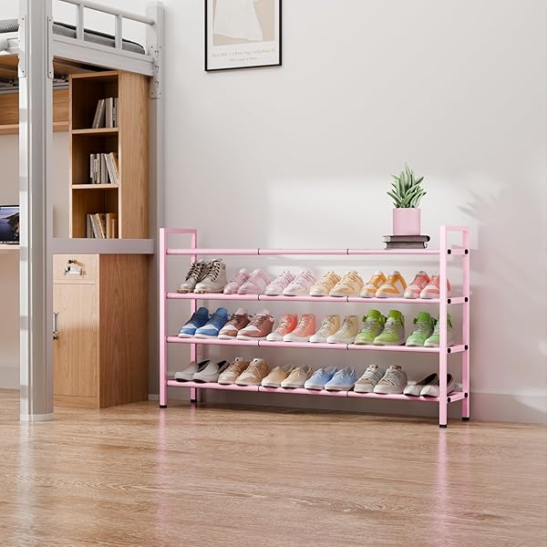 BUMUSTY 4-TIER LONG EXPANDABLE SHOE RACK FOR CLOSET, 18″-44″ ADJUSTABLE SHOE RACK FOR ENTRYWAY, 20-24PAIRS LARGE SHOE ORGANIZER SHELF STORAGE, STURDY METAL, BLACK