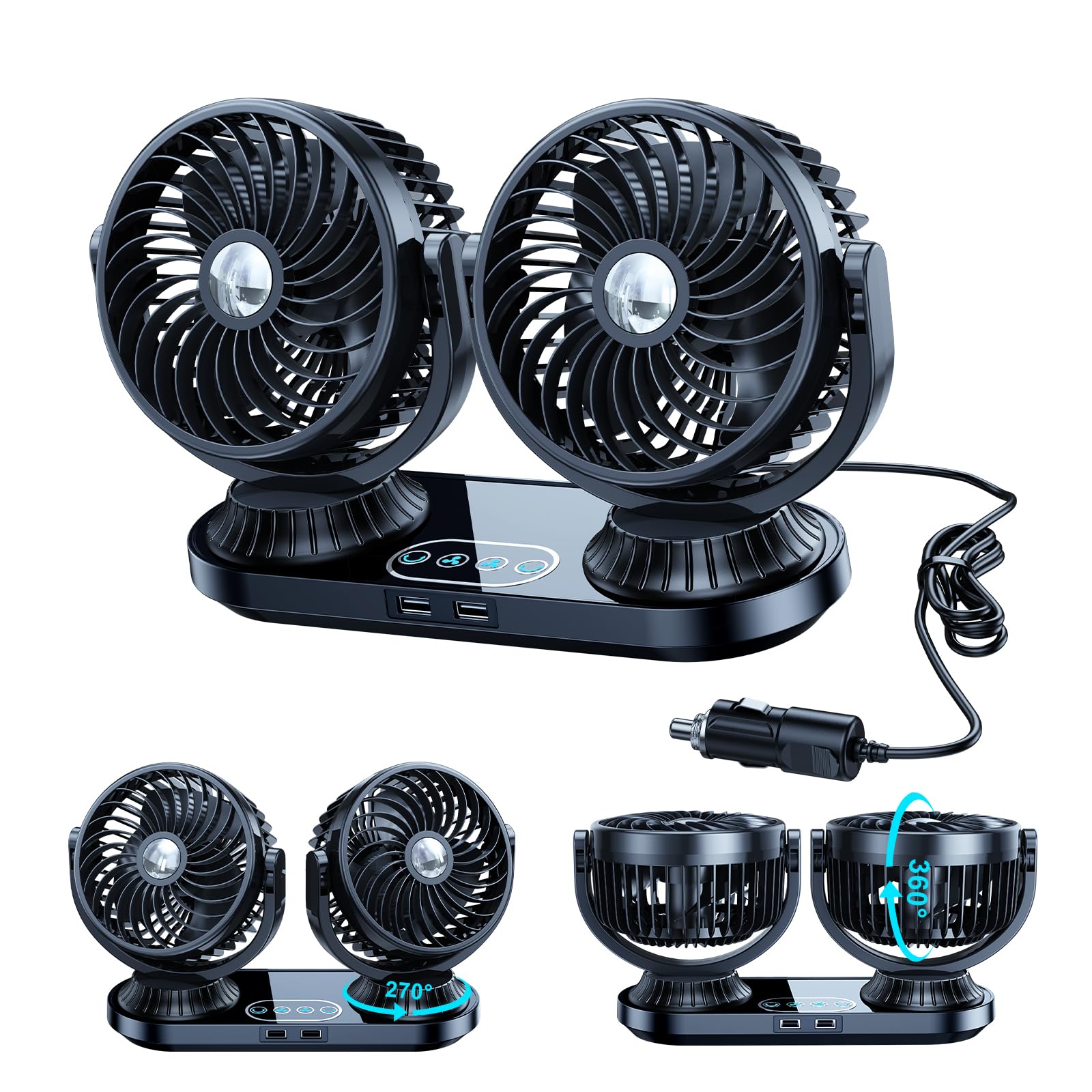 Photo 1 of HIYJEN Dual Head Auto Oscillating Car Cooling Fan for Dashboard, DC 12V / 24V Cigarette Lighter Powered 3 Speeds Vehicle Fan Summer Car Accessories Cooler That Blow Cold Air for Sedan Suv Rv Van Truck