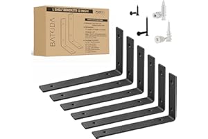 BATODA 12” Heavy Duty Shelf Brackets (6pcs) - L Shelf Brackets Black - Hook Brackets for Floating Shelves - Wall Mounted Support for DIY Open Shelving – Shelving Mounting Hardware Included (Pack 6)