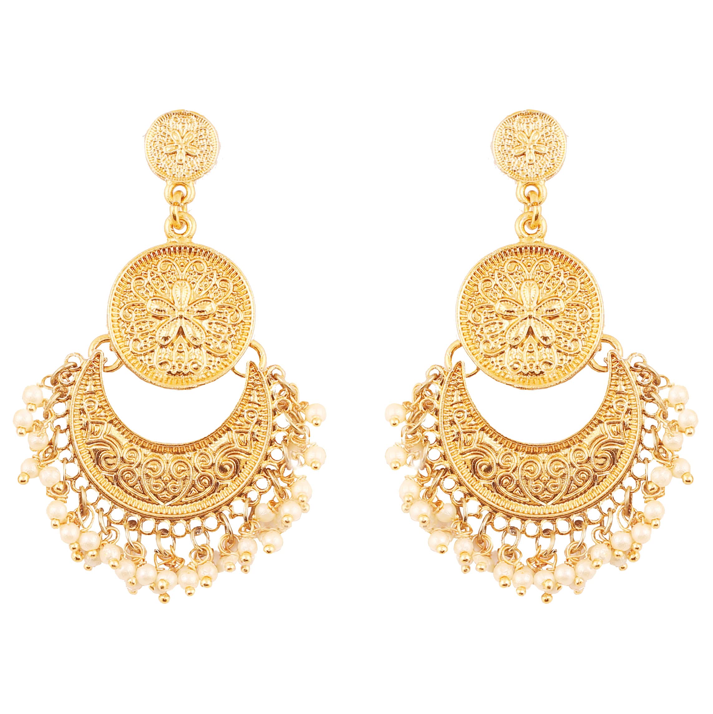 NEW! Touchstone Indian Bollywood Finely Hammered And Embossed Traditional Faux Pearls Charming Look Dangling Chand Baali Half Moon Motif Designer Jewelry Earrings In Antique Gold Tone For Women.