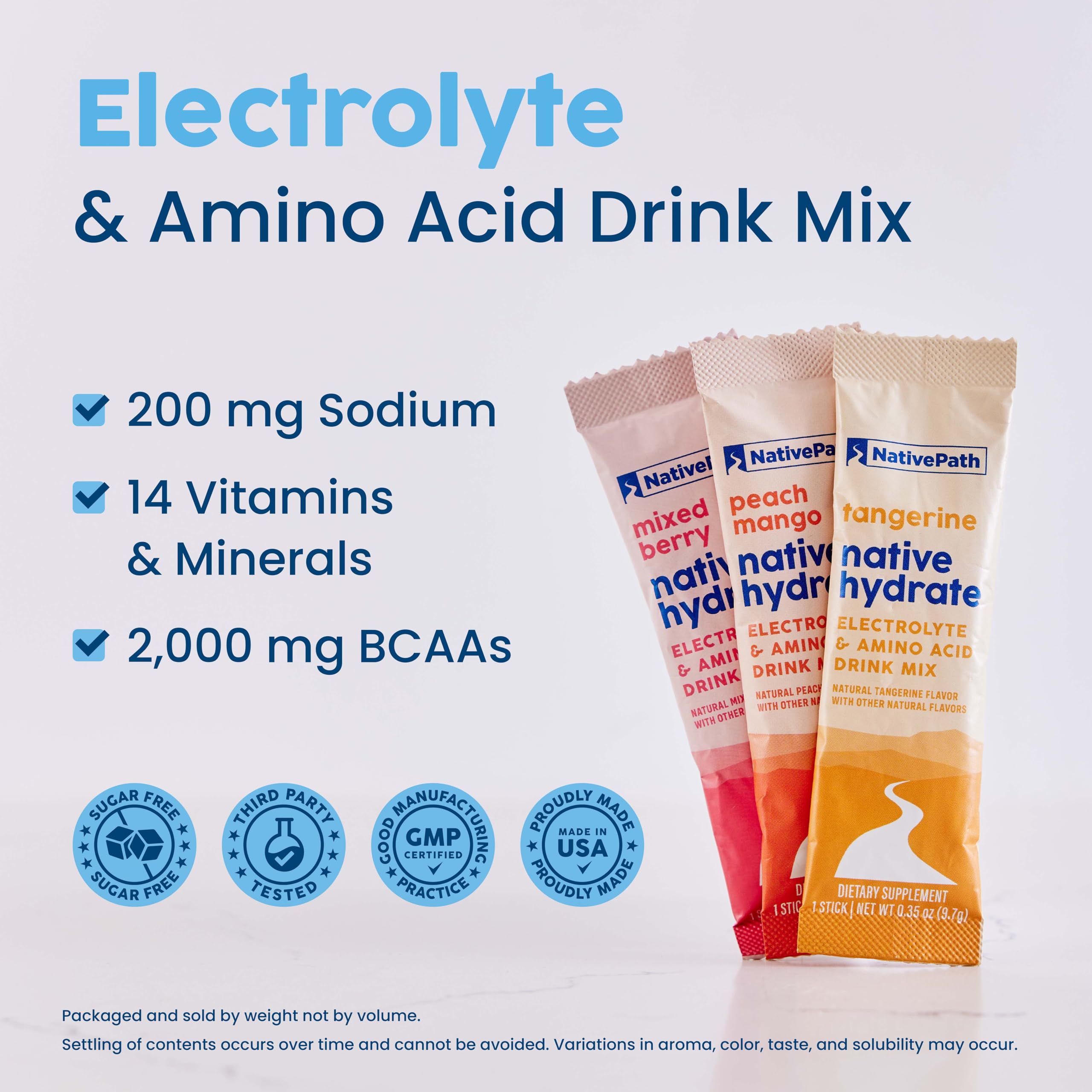 NativePath Native Hydrate Stick Packs with Electrolytes and Amino Acids, Variety Pack, Mixed Berry, Peach Mango, Tangerine, 30 Servings